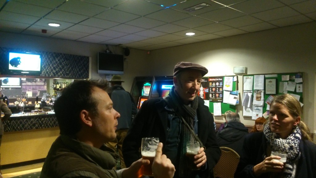Tom Payne and Sara Penrhyn Jones (both Aberystwyth University) share a pint with Anthony Lyons (Bristol-based artist) at Baildon Woodbottom